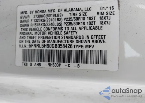 2016 Honda Odyssey Touring/Touring Elite from USA, damaged, VIN 5FNRL5H90GB058426